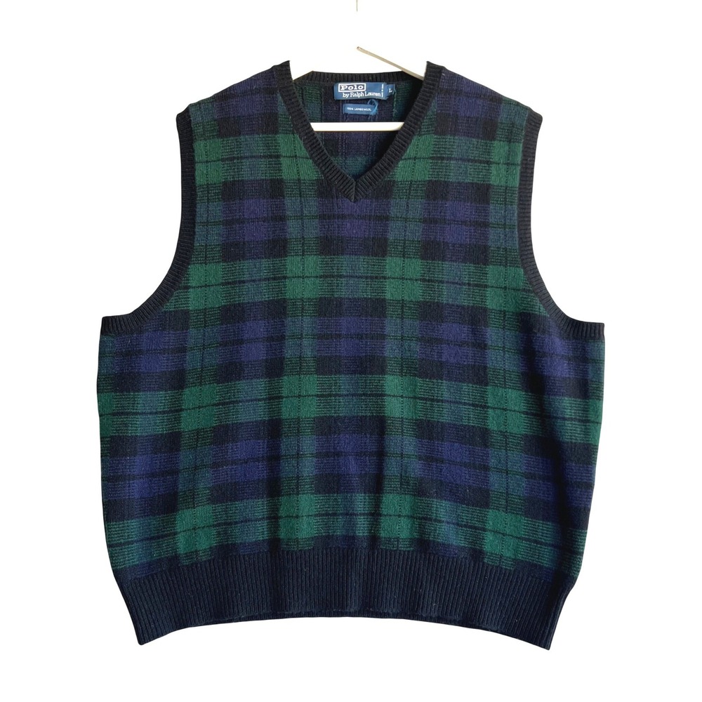 Polo Ralph Lauren Black Watch Plaid Lambswool V-Neck Sweater Vest Green Men's L